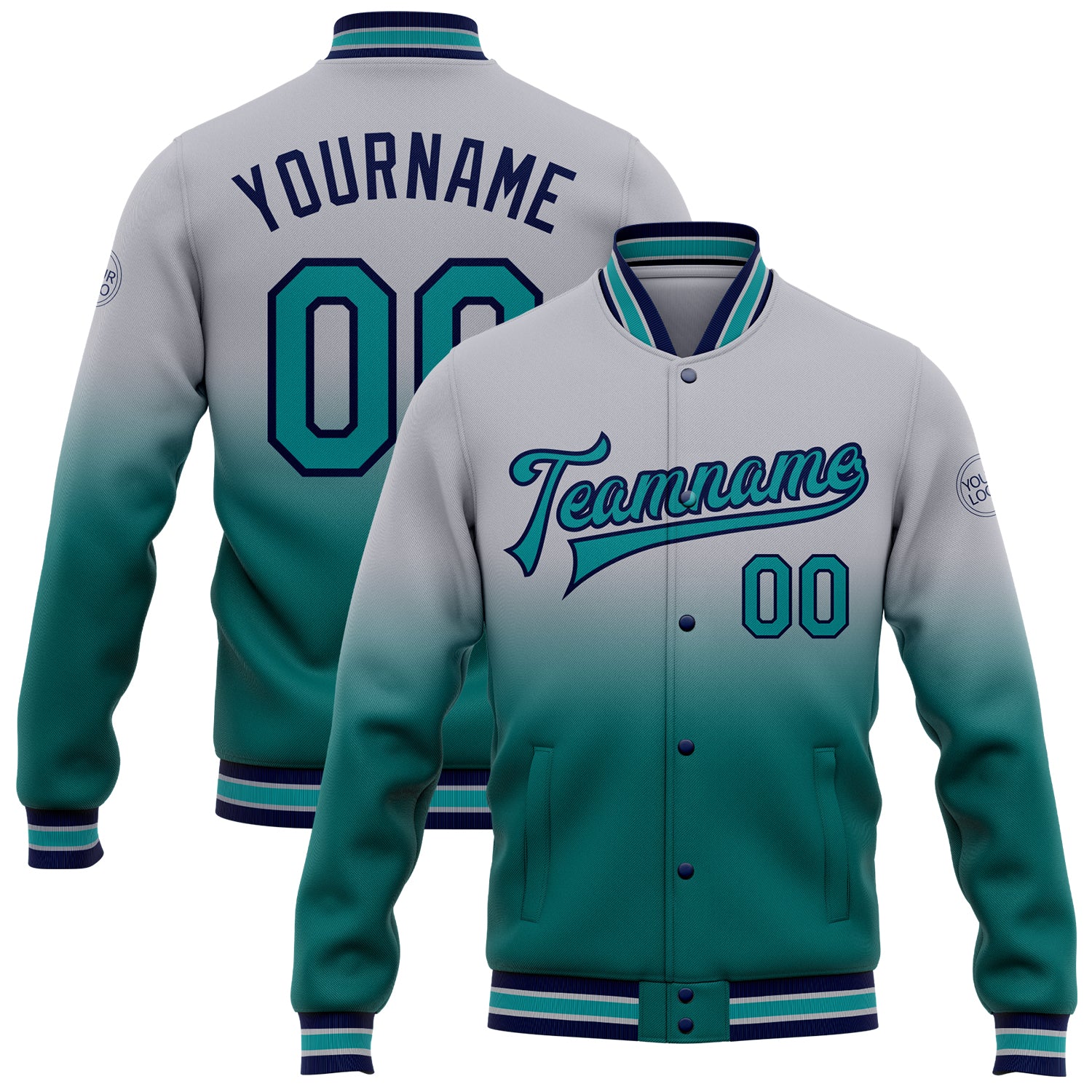 Personalized Custom Name and Number Gray Teal Navy Bomber Varsity Letterman Jacket Full-Snap Fashion Personalized Gray Teal-Navy