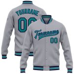 Custom Name and Number Varsity Letterman Jacket - Personalized Gray Teal-Navy Bomber Full-Snap Style Personalized Gray Teal-Navy