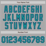 Custom Name and Number Varsity Letterman Jacket - Personalized Gray Teal-Navy Bomber Full-Snap Style Personalized Gray Teal-Navy