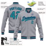 Custom Name and Number Varsity Letterman Jacket - Personalized Gray Teal-Navy Bomber Full-Snap Style Personalized Gray Teal-Navy