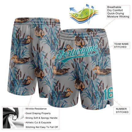 Custom Name and Number Basketball Shorts - Personalized Gray Teal-White 3D Cattail and Duck Design, Authentic Team Gear Personalized