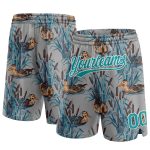 Custom Name and Number Basketball Shorts - Personalized Gray Teal-White 3D Cattail and Duck Design, Authentic Team Gear Personalized