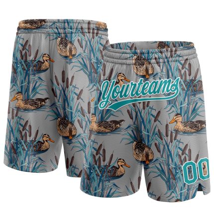 Custom Name and Number Basketball Shorts - Personalized Gray Teal-White 3D Cattail and Duck Design, Authentic Team Gear Personalized