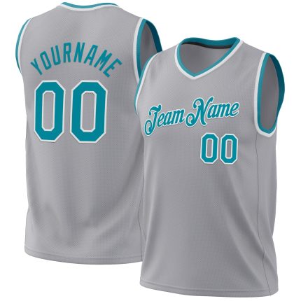 Personalized Authentic Throwback Basketball Jersey - Gray Teal-White Color Personalized Gray Teal-White Authentic Throwback