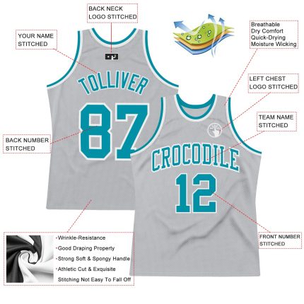 Personalized Custom Name and Number Basketball Jersey - Gray Teal White Authentic Throwback Design Personalized Gray Teal-White
