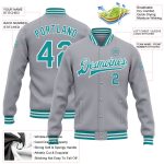 Personalized Bomber Varsity Letterman Jacket Gray Teal White Full-Snap Personalized Gray Teal-White Bomber Full-Snap Varsity