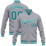 Personalized Bomber Varsity Letterman Jacket Gray Teal White Full-Snap Personalized Gray Teal-White Bomber Full-Snap Varsity