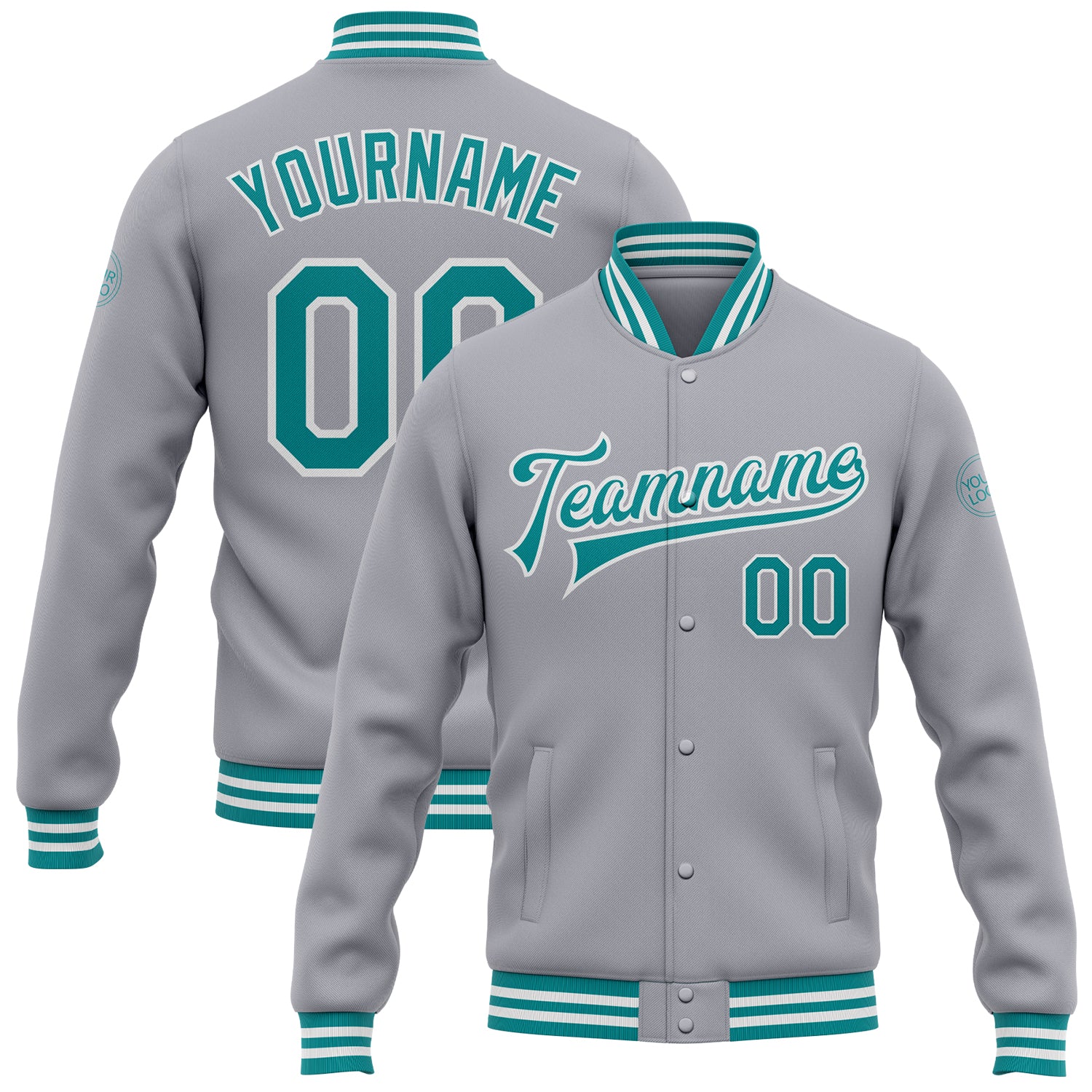 Personalized Bomber Varsity Letterman Jacket Gray Teal White Full-Snap Personalized Gray Teal-White Bomber Full-Snap Varsity