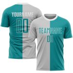 Custom Name Number Soccer Uniform Jersey - Personalized Gray Teal-White Sublimation Split Fashion Team Apparel Personalized