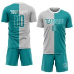 Custom Name Number Soccer Uniform Jersey - Personalized Gray Teal-White Sublimation Split Fashion Team Apparel Personalized