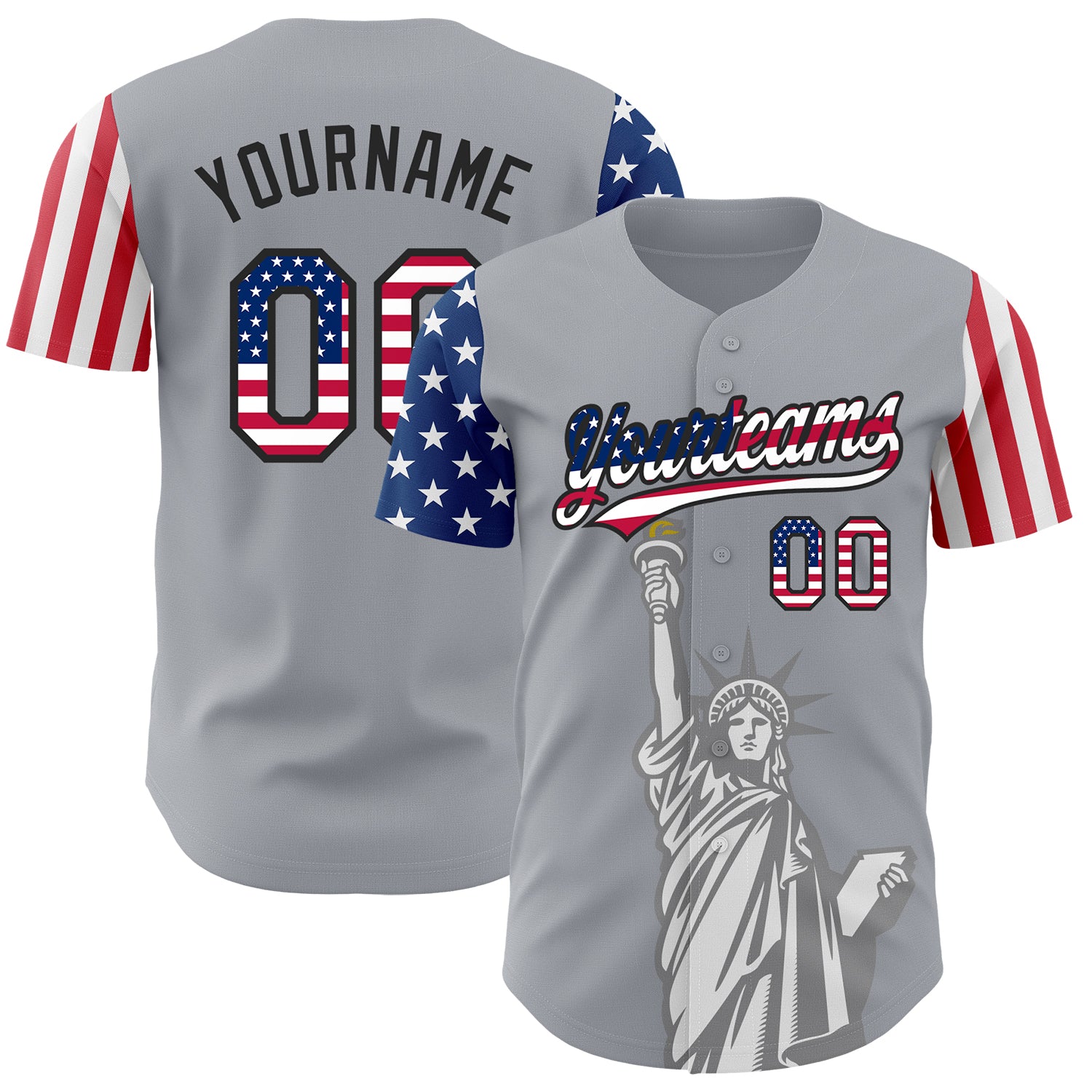 Personalized Gray USA Flag Black 3D Statue of Liberty Baseball Jersey Custom Name Number Patriotic Authentic Team Apparel