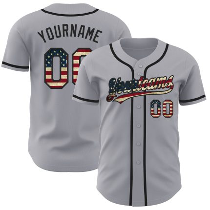 Personalized Vintage USA Flag Baseball Jersey - Custom Name & Number, Gray Authentic Team Apparel Personalized Gray Vintage