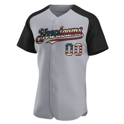 Personalized Vintage USA Flag Baseball Jersey with Custom Name and Number, Black Raglan Sleeves, Gray Color Personalized