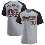 Personalized Vintage USA Flag Baseball Jersey with Custom Name and Number, Black Raglan Sleeves, Gray Color Personalized
