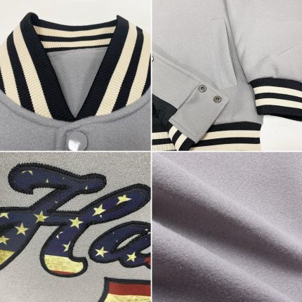 Custom USA Flag Vintage Black-Cream Bomber Jacket with Personalized Name and Number, Full-Snap Varsity Letterman Style Personalized