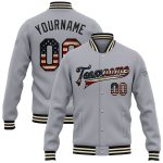 Custom USA Flag Vintage Black-Cream Bomber Jacket with Personalized Name and Number, Full-Snap Varsity Letterman Style Personalized