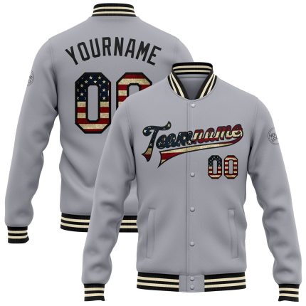 Custom USA Flag Vintage Black-Cream Bomber Jacket with Personalized Name and Number, Full-Snap Varsity Letterman Style Personalized