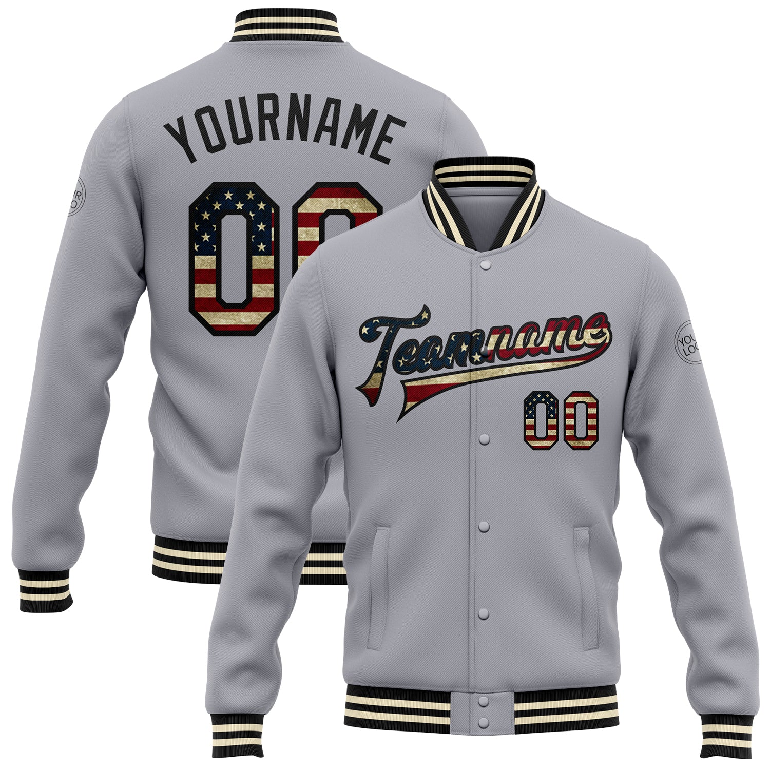 Custom USA Flag Vintage Black-Cream Bomber Jacket with Personalized Name and Number, Full-Snap Varsity Letterman Style Personalized