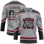 Custom Name and Number Gray Vintage USA Flag Hockey Jersey Lace Neck - Team Apparel Personalized Gray Vintage USA Flag Black-Crimson