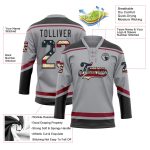 Custom Name and Number Gray Vintage USA Flag Hockey Jersey Lace Neck - Team Apparel Personalized Gray Vintage USA Flag Black-Crimson