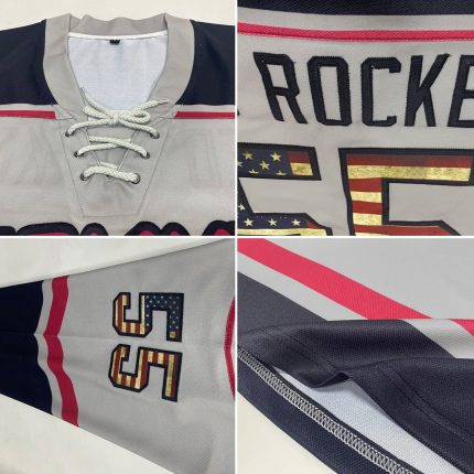 Custom Name and Number Gray Vintage USA Flag Hockey Jersey Lace Neck - Team Apparel Personalized Gray Vintage USA Flag Black-Crimson