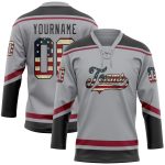 Custom Name and Number Gray Vintage USA Flag Hockey Jersey Lace Neck - Team Apparel Personalized Gray Vintage USA Flag Black-Crimson
