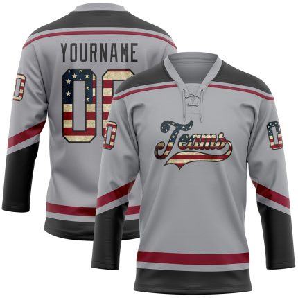 Custom Name and Number Gray Vintage USA Flag Hockey Jersey Lace Neck - Team Apparel Personalized Gray Vintage USA Flag Black-Crimson