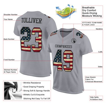 Personalized USA Flag Football Jersey - Custom Name & Number - Gray Vintage Black Mesh Authentic Team Apparel Personalized