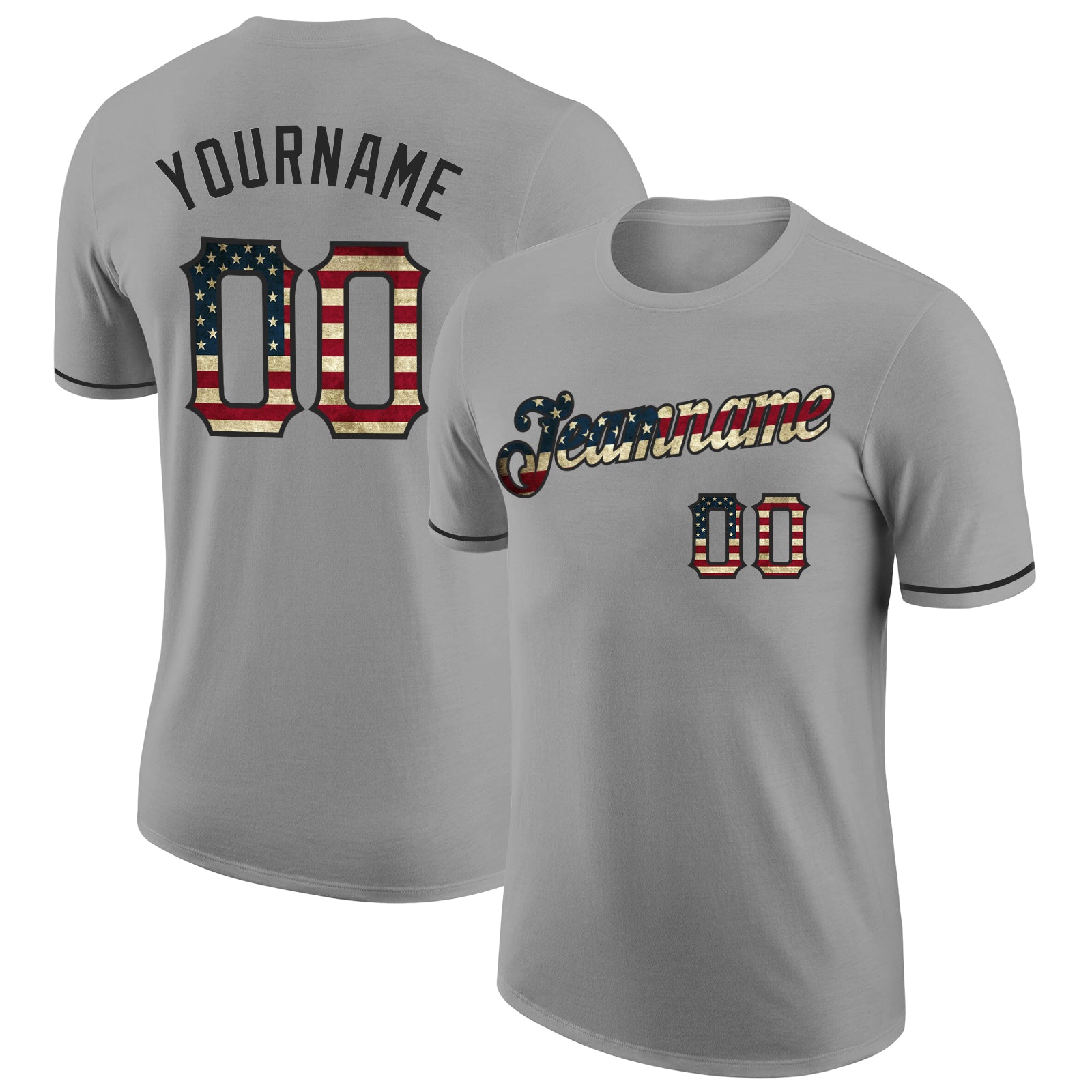 Custom Name and Number Vintage USA Flag Black Performance T-Shirt - Personalized Gray Team Apparel Personalized Gray Vintage