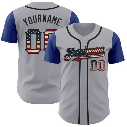 Personalized Vintage USA Flag Baseball Jersey Custom Name Number Royal-Black Two Tone Personalized Gray Vintage USA Flag