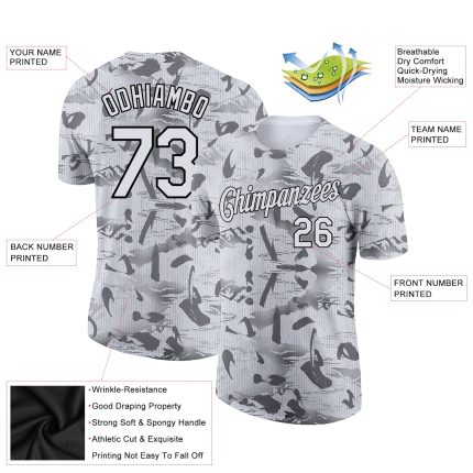 Custom Name and Number Chinese Style Performance T-Shirt - 3D Gray White Black Mountain Design Personalized Gray White-Black