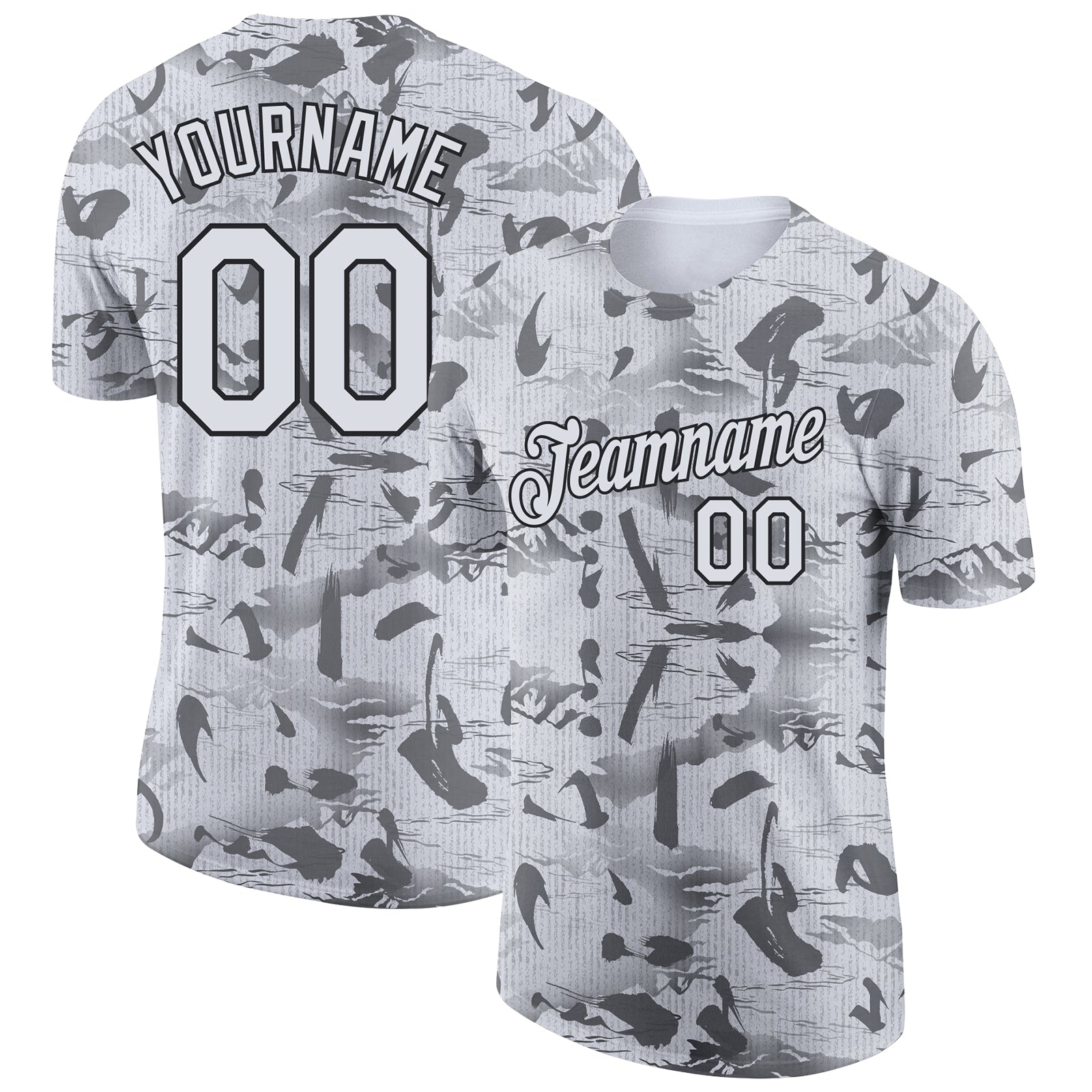 Custom Name and Number Chinese Style Performance T-Shirt - 3D Gray White Black Mountain Design Personalized Gray White-Black