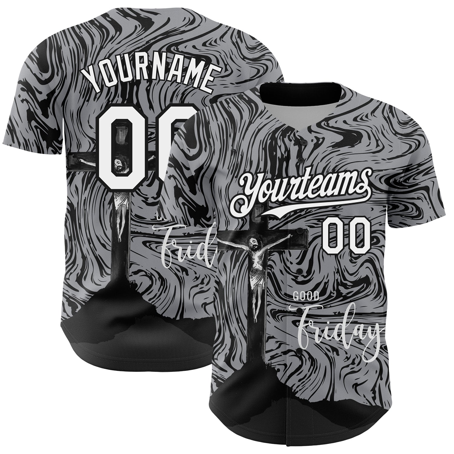 Custom Jesus Christ Cross Baseball Jersey, Personalized Gray and Black 3D Pattern, Good Friday Team Name and Number Personalized