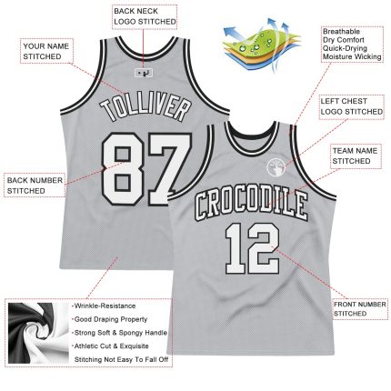 Custom Authentic Basketball Jersey with Personalized Name and Number - Gray White Black Throwback Design Personalized Gray
