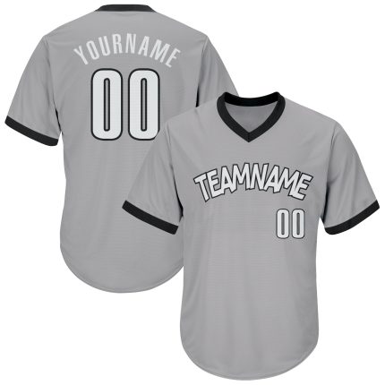 Custom Team Name and Number Authentic Throwback Rib-Knit Baseball Jersey Shirt Gray White Black Personalized Personalized