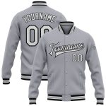 Custom Varsity Letterman Jacket with Team Name and Number - Personalized Gray White Black Bomber Full-Snap Design Personalized