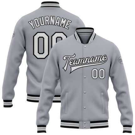 Custom Varsity Letterman Jacket with Team Name and Number - Personalized Gray White Black Bomber Full-Snap Design Personalized