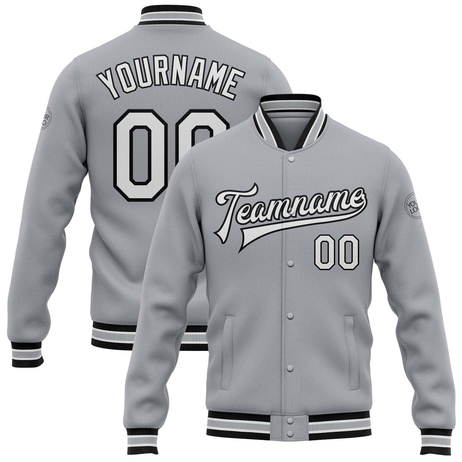 Custom Varsity Letterman Jacket with Team Name and Number - Personalized Gray White Black Bomber Full-Snap Design Personalized
