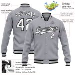 Custom Varsity Letterman Jacket with Team Name and Number - Personalized Gray White Black Bomber Full-Snap Design Personalized