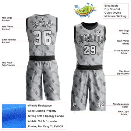 Custom Basketball Jersey with Personalized Name and Number - Gray White Black Round Neck Sublimation Suit Personalized Gray