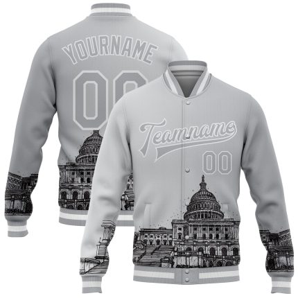 Customizable 3D Pattern United States Capitol Bomber Varsity Jacket with Personalized Name & Number - Gray & Black Design
