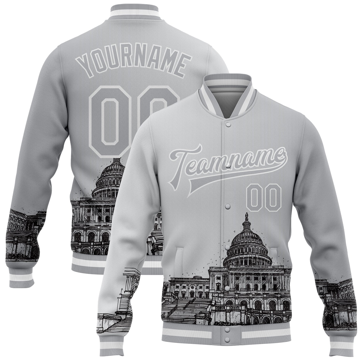 Customizable 3D Pattern United States Capitol Bomber Varsity Jacket with Personalized Name & Number - Gray & Black Design