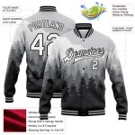 Custom Name Number Varsity Jacket Gray Black Watercolor Forest 3D Fog Design Full-Snap Bomber Team Apparel Personalized Gray