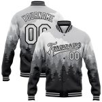 Custom Name Number Varsity Jacket Gray Black Watercolor Forest 3D Fog Design Full-Snap Bomber Team Apparel Personalized Gray