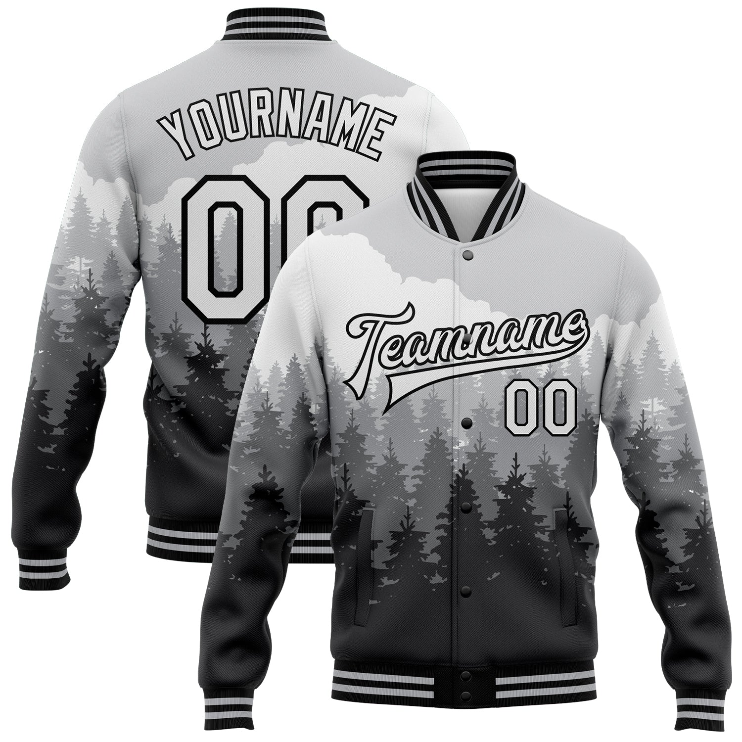 Custom Name Number Varsity Jacket Gray Black Watercolor Forest 3D Fog Design Full-Snap Bomber Team Apparel Personalized Gray