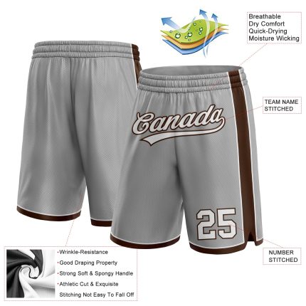 Custom Basketball Shorts with Team Name and Number - Personalized Gray White-Brown Authentic Short Uniforms Personalized