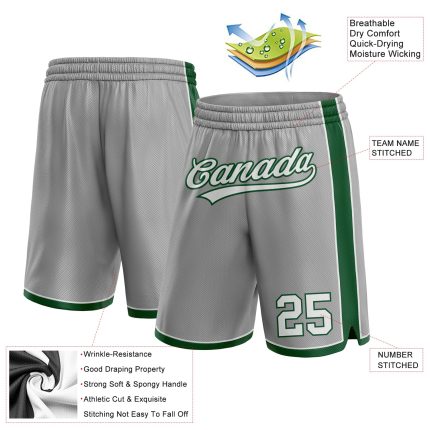 Custom Name and Number Basketball Shorts - Personalized Gray White-Green Authentic Team Apparel Personalized Gray White-Green