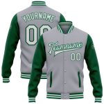 Custom Name Number Varsity Letterman Two Tone Bomber Jacket Gray White Kelly Green Full-Snap Team Gear Personalized Gray