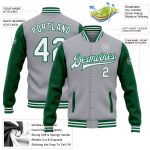 Custom Name Number Varsity Letterman Two Tone Bomber Jacket Gray White Kelly Green Full-Snap Team Gear Personalized Gray