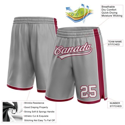 Personalized Custom Name and Number Basketball Shorts - Gray White Maroon Authentic Team Gear Personalized Gray White-Maroon